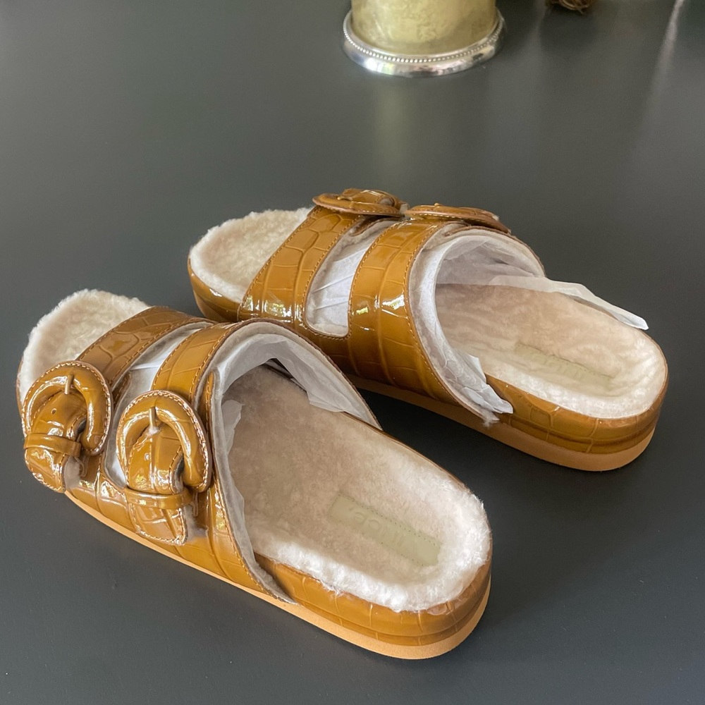 Vince Shearling-lined croc-embossed sandals